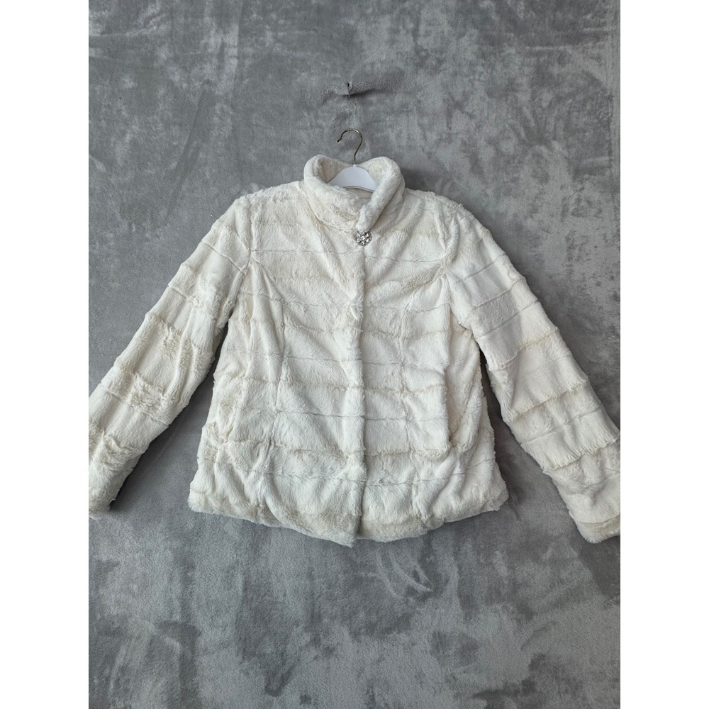 Dennis by Dennis Basso Cream Faux Fur Jacket Rhinestone Button Small Ivory Coat